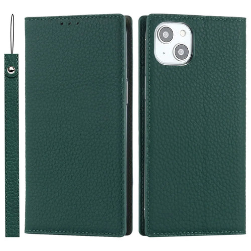 Genuine Leather Case for iPhone 14 6.1 inch, Litchi Texture Drop-proof Phone Wallet Stand Cover with Hand Strap - Green - 1
