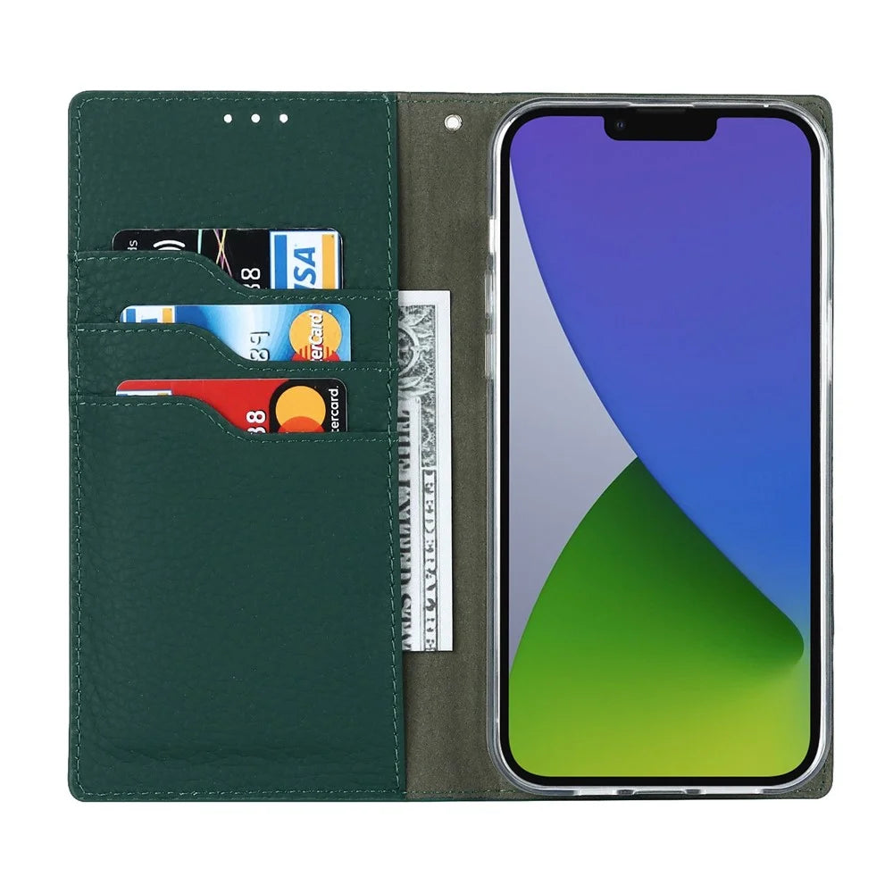 Genuine Leather Case for iPhone 14 6.1 inch, Litchi Texture Drop-proof Phone Wallet Stand Cover with Hand Strap - Green - 2