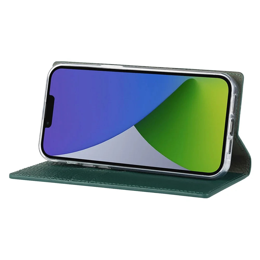 Genuine Leather Case for iPhone 14 6.1 inch, Litchi Texture Drop-proof Phone Wallet Stand Cover with Hand Strap - Green - 3
