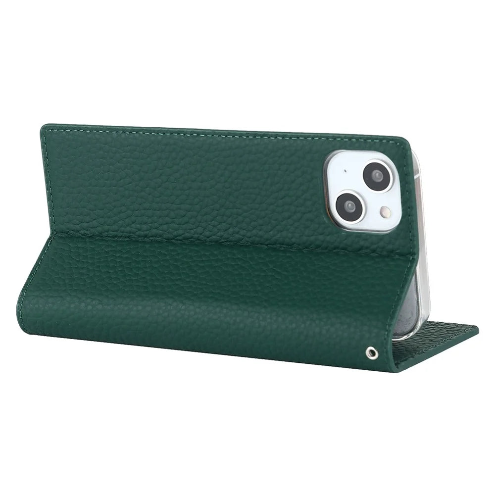Genuine Leather Case for iPhone 14 6.1 inch, Litchi Texture Drop-proof Phone Wallet Stand Cover with Hand Strap - Green - 4