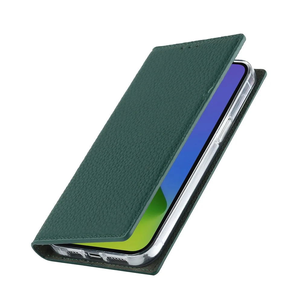 Genuine Leather Case for iPhone 14 6.1 inch, Litchi Texture Drop-proof Phone Wallet Stand Cover with Hand Strap - Green - 5