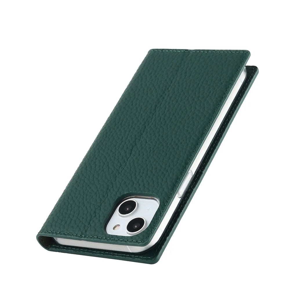 Genuine Leather Case for iPhone 14 6.1 inch, Litchi Texture Drop-proof Phone Wallet Stand Cover with Hand Strap - Green - 6