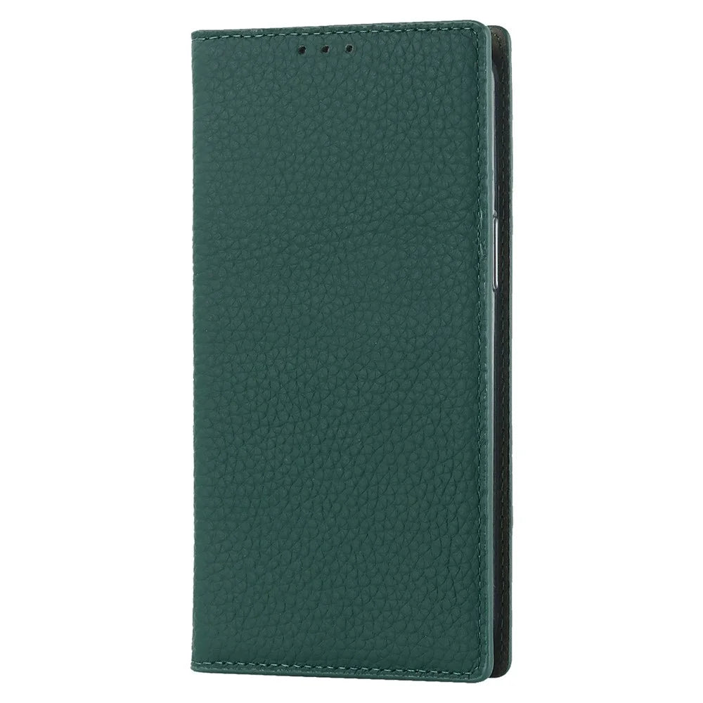 Genuine Leather Case for iPhone 14 6.1 inch, Litchi Texture Drop-proof Phone Wallet Stand Cover with Hand Strap - Green - 7