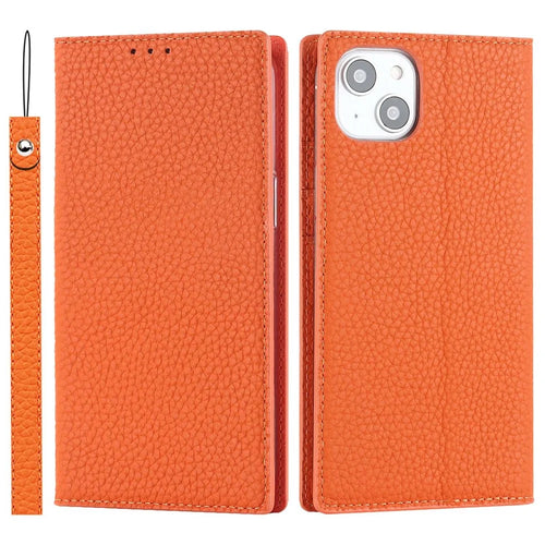 For iPhone 14 Plus Genuine Leather Magnetic Closure Phone Cover Litchi Texture Wallet Stand Case with Hand Strap - Orange - 1