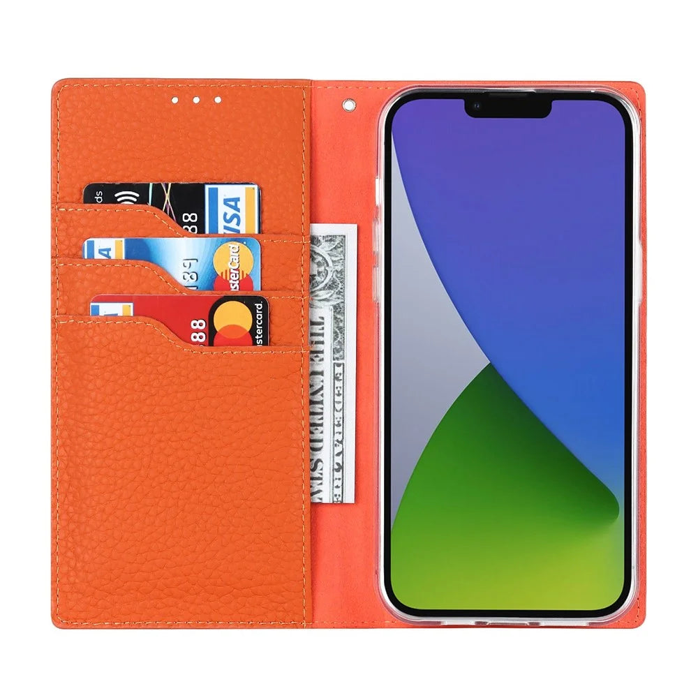For iPhone 14 Plus Genuine Leather Magnetic Closure Phone Cover Litchi Texture Wallet Stand Case with Hand Strap - Orange - 2
