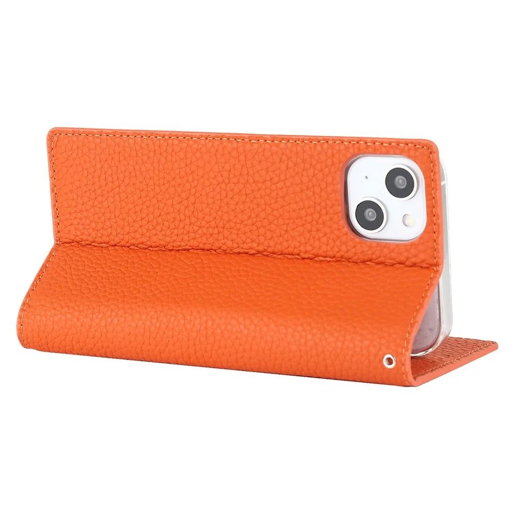 For iPhone 14 Plus Genuine Leather Magnetic Closure Phone Cover Litchi Texture Wallet Stand Case with Hand Strap - Orange - 4