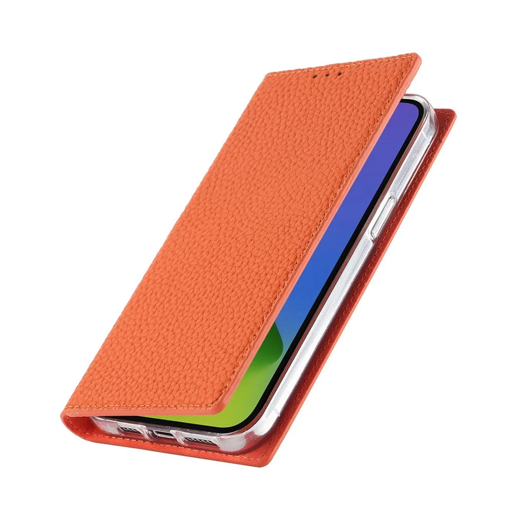 For iPhone 14 Plus Genuine Leather Magnetic Closure Phone Cover Litchi Texture Wallet Stand Case with Hand Strap - Orange - 5