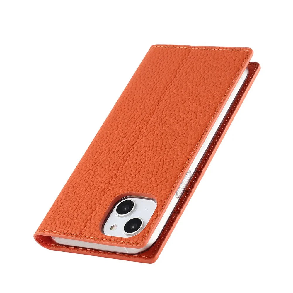 For iPhone 14 Plus Genuine Leather Magnetic Closure Phone Cover Litchi Texture Wallet Stand Case with Hand Strap - Orange - 6