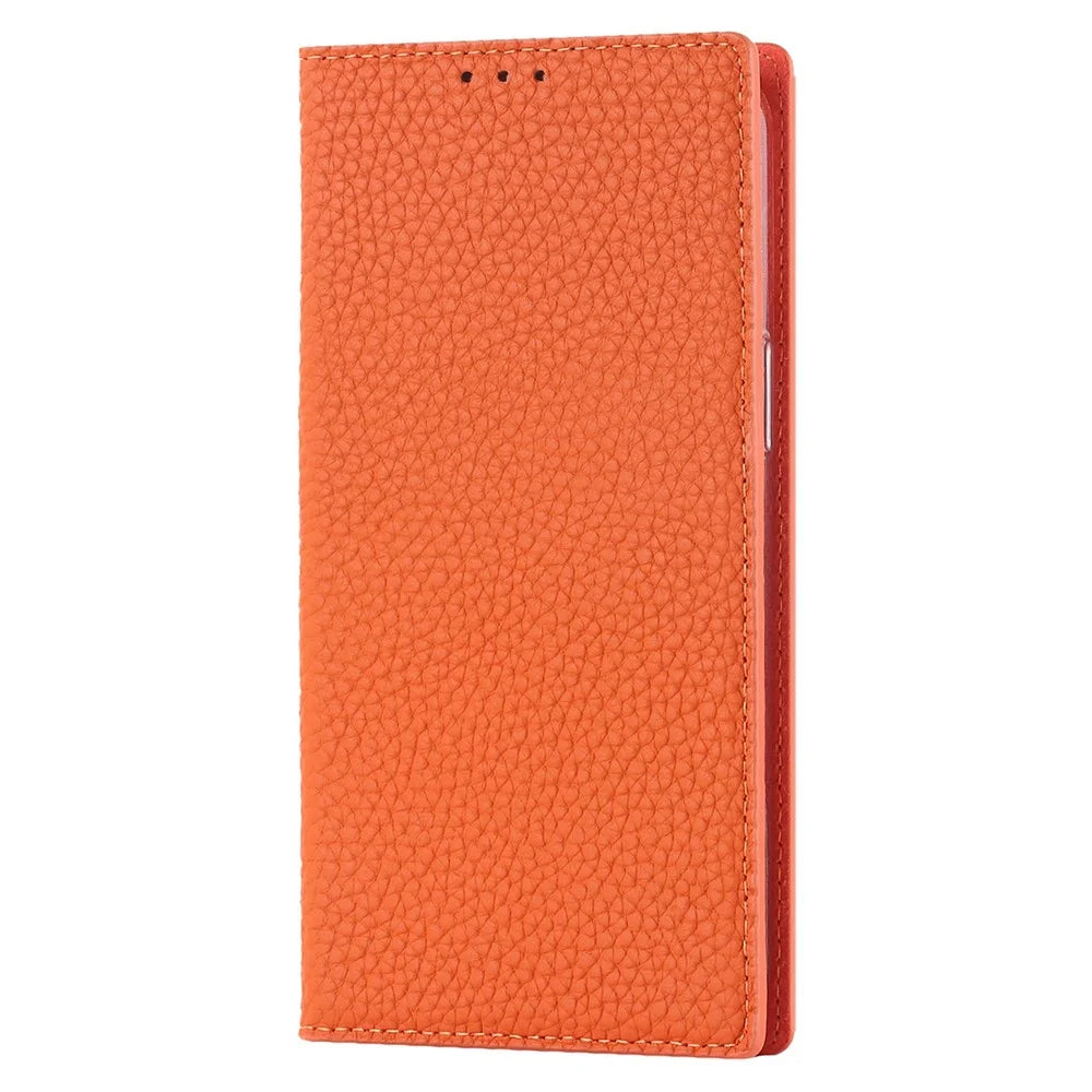 For iPhone 14 Plus Genuine Leather Magnetic Closure Phone Cover Litchi Texture Wallet Stand Case with Hand Strap - Orange - 7