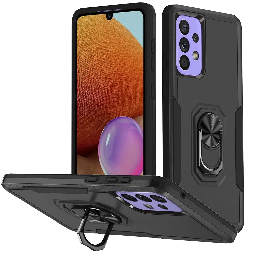 For Samsung Galaxy A33 5G PC + TPU Phone Protective Case Rotating Ring Kickstand Anti-drop Back Cover Support Magnetic Car Mount - Black / Black - 1