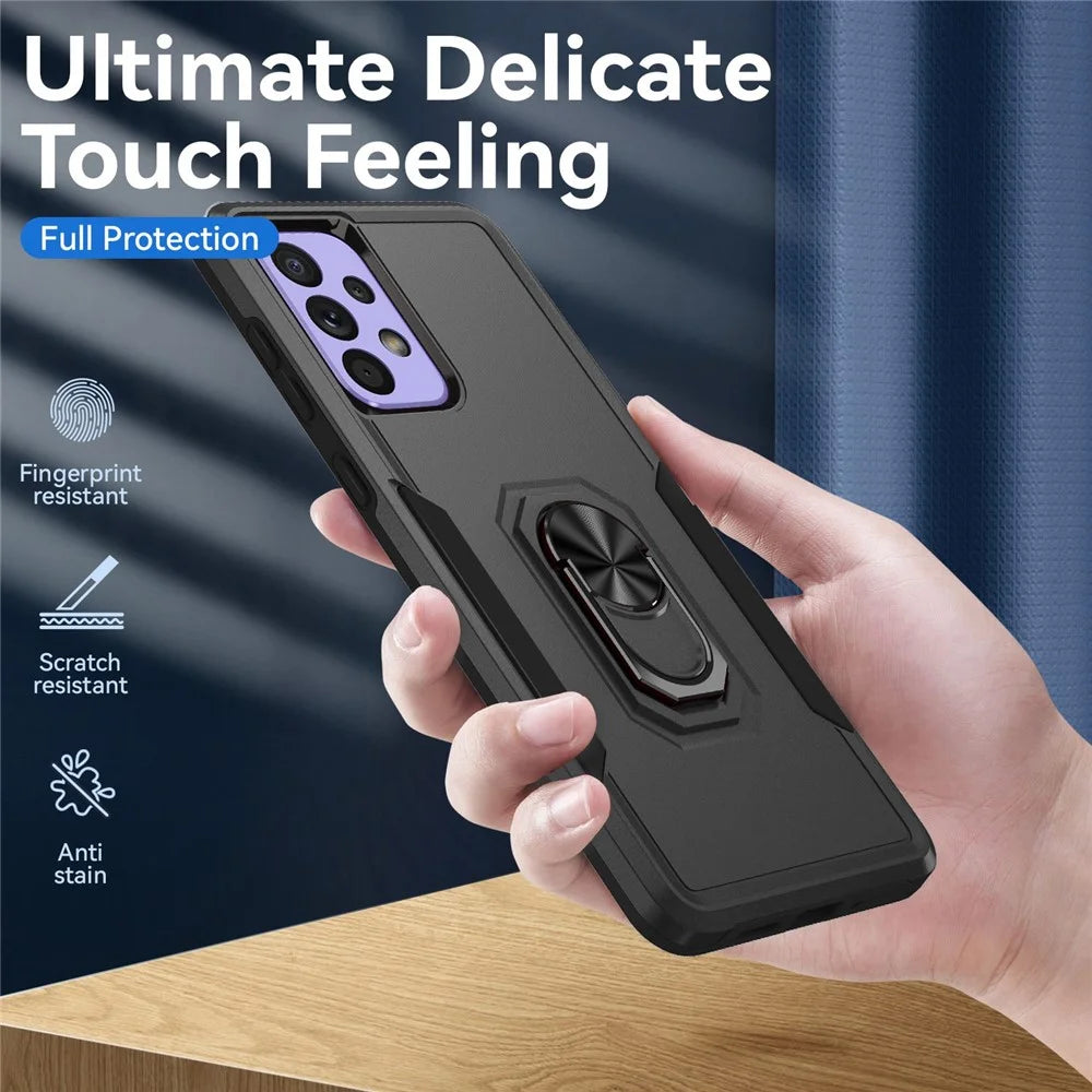 For Samsung Galaxy A33 5G PC + TPU Phone Protective Case Rotating Ring Kickstand Anti-drop Back Cover Support Magnetic Car Mount - Black / Black - 2
