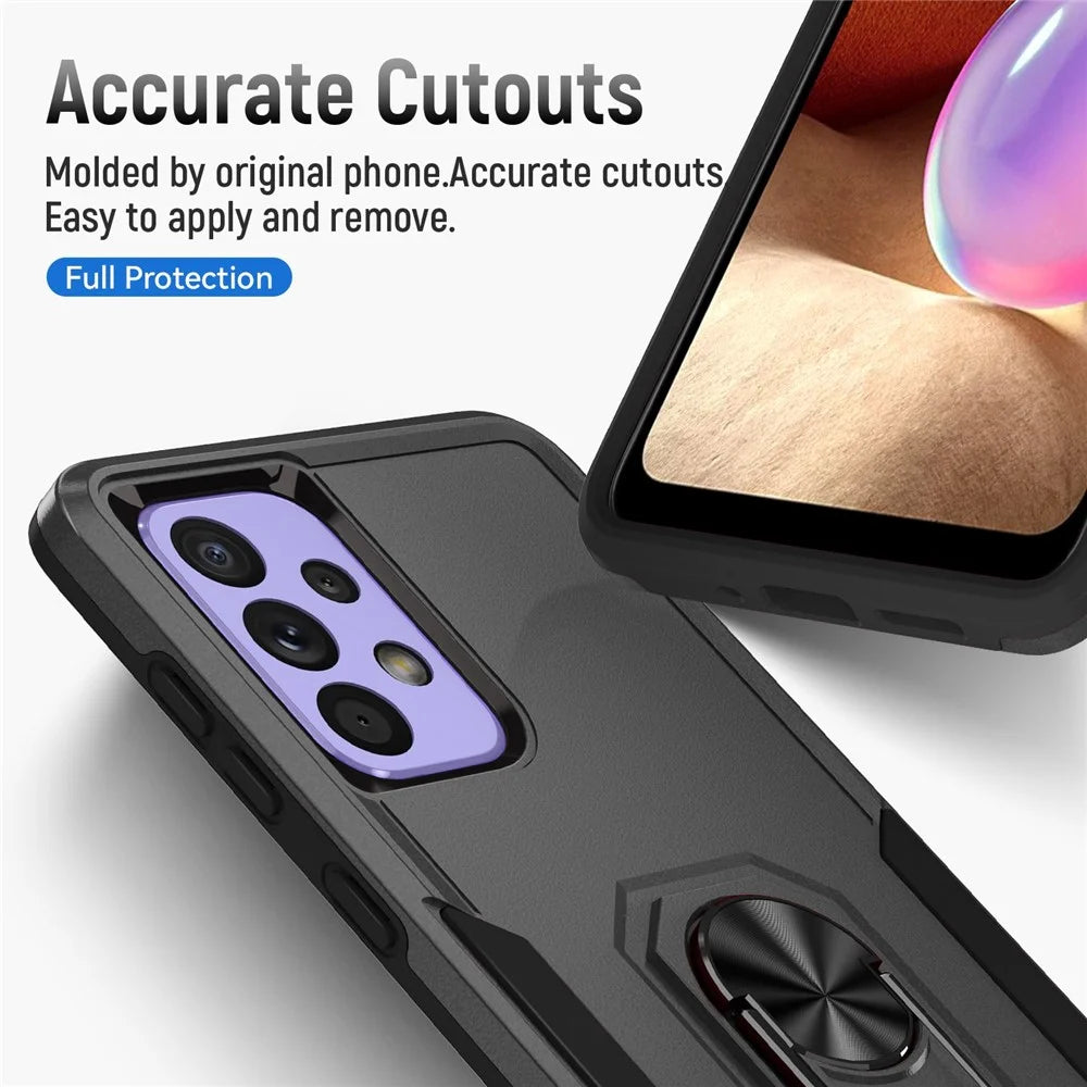 For Samsung Galaxy A33 5G PC + TPU Phone Protective Case Rotating Ring Kickstand Anti-drop Back Cover Support Magnetic Car Mount - Black / Black - 3