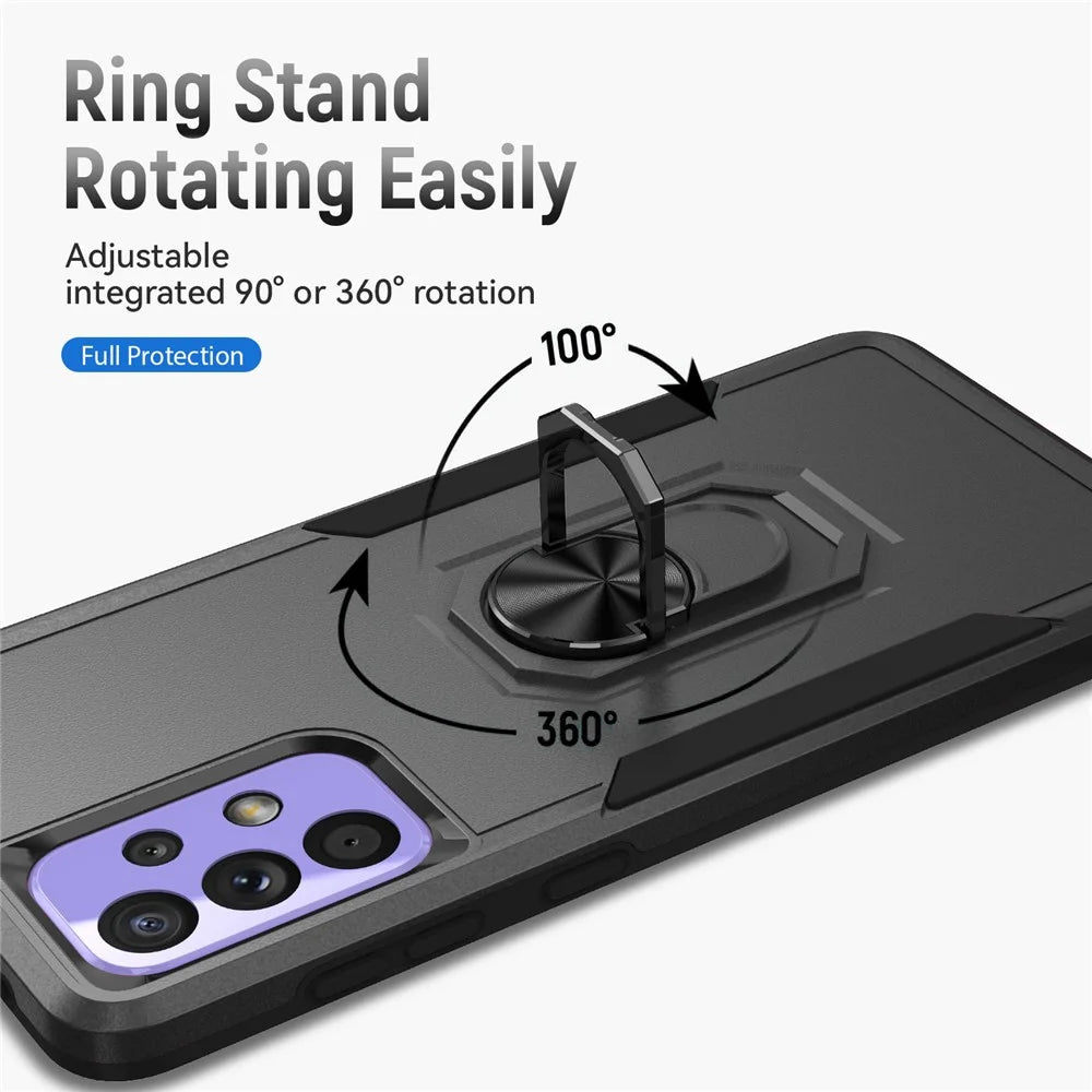 For Samsung Galaxy A33 5G PC + TPU Phone Protective Case Rotating Ring Kickstand Anti-drop Back Cover Support Magnetic Car Mount - Black / Black - 4