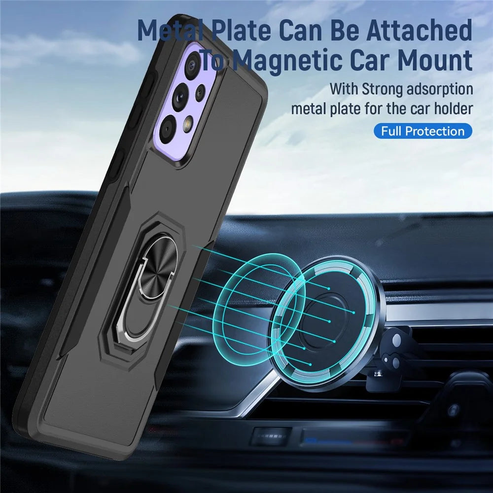For Samsung Galaxy A33 5G PC + TPU Phone Protective Case Rotating Ring Kickstand Anti-drop Back Cover Support Magnetic Car Mount - Black / Black - 5