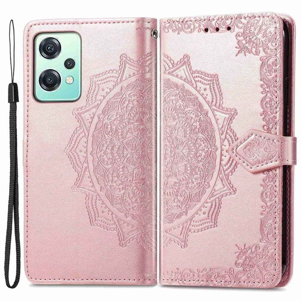 For OnePlus Nord CE 2 Lite 5G Embossed Mandala Pattern PU Leather Cover Magnetic Clasp Phone Stand Wallet Case with Strap - Rose Gold - 1