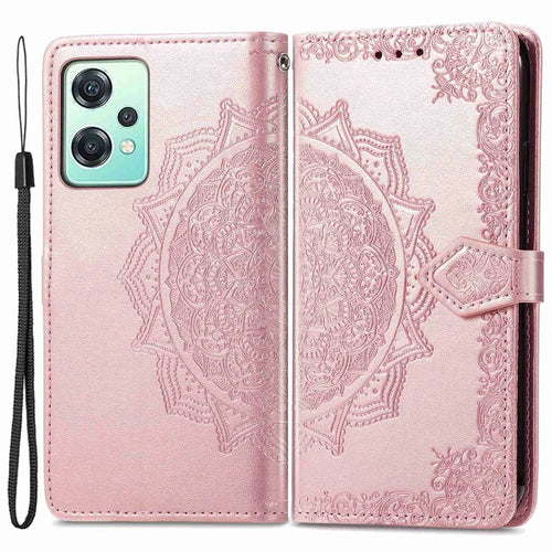 For OnePlus Nord CE 2 Lite 5G Embossed Mandala Pattern PU Leather Cover Magnetic Clasp Phone Stand Wallet Case with Strap - Rose Gold - 1