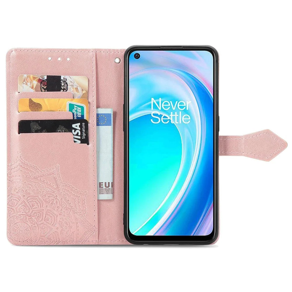 For OnePlus Nord CE 2 Lite 5G Embossed Mandala Pattern PU Leather Cover Magnetic Clasp Phone Stand Wallet Case with Strap - Rose Gold - 2