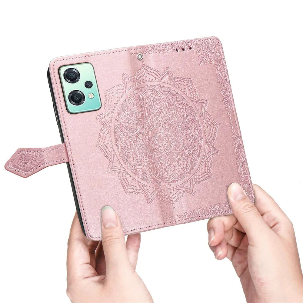 For OnePlus Nord CE 2 Lite 5G Embossed Mandala Pattern PU Leather Cover Magnetic Clasp Phone Stand Wallet Case with Strap - Rose Gold - 4