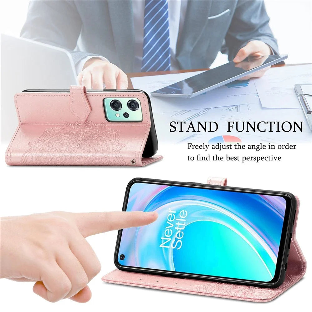 For OnePlus Nord CE 2 Lite 5G Embossed Mandala Pattern PU Leather Cover Magnetic Clasp Phone Stand Wallet Case with Strap - Rose Gold - 5
