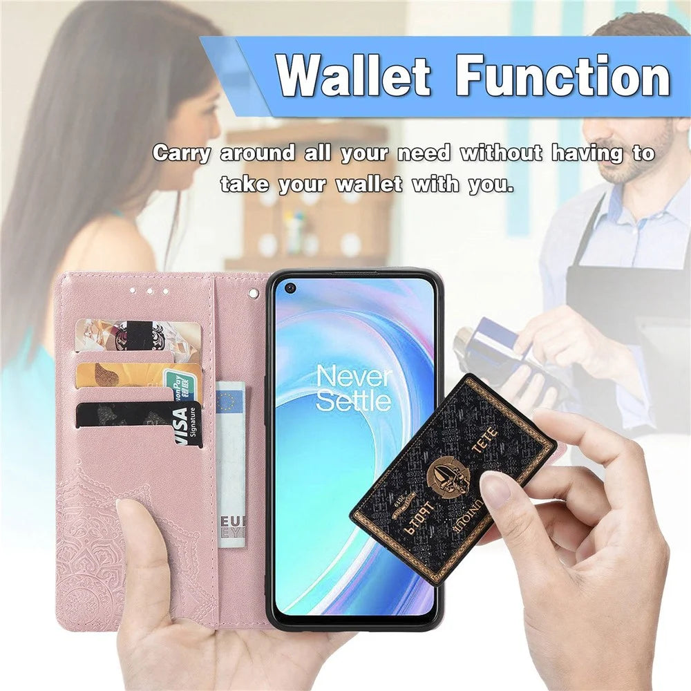 For OnePlus Nord CE 2 Lite 5G Embossed Mandala Pattern PU Leather Cover Magnetic Clasp Phone Stand Wallet Case with Strap - Rose Gold - 6