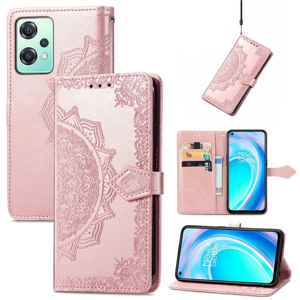 For OnePlus Nord CE 2 Lite 5G Embossed Mandala Pattern PU Leather Cover Magnetic Clasp Phone Stand Wallet Case with Strap - Rose Gold - 7