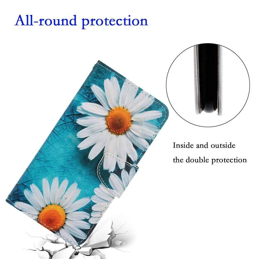 For iPhone 14 6.1 inch Cross Texture Pattern Printing Phone Cover Stand Wallet PU Leather Magnetic Clasp Case - Chrysanthemum - 5