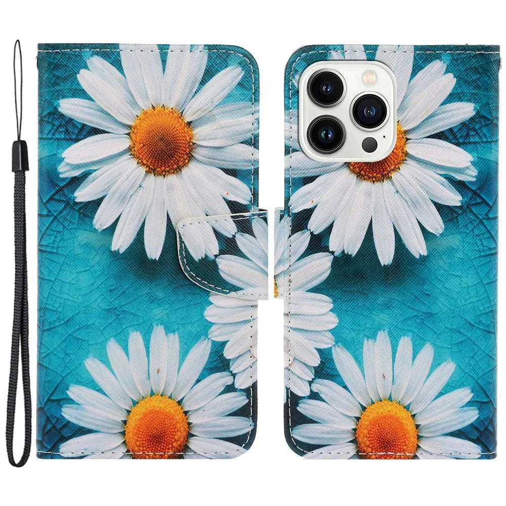 For iPhone 14 Pro Max 6.7 inch Protective Phone Case Cross Texture Pattern Printing PU Leather Shockproof Stand Wallet Cover - Chrysanthemum - 1