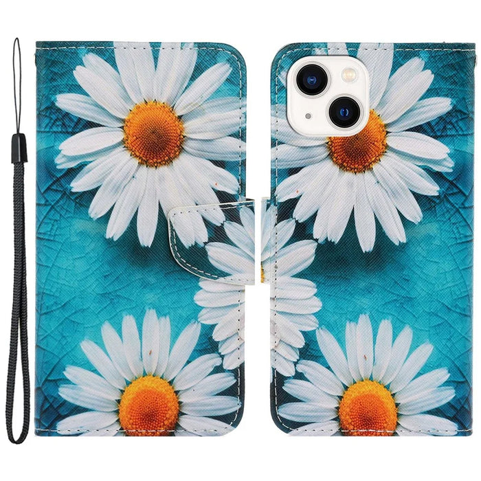 For iPhone 14 Plus Cross Texture PU Leather Case Pattern Printing Foldable Stand Phone Wallet Full Protection Case - Chrysanthemum - 1
