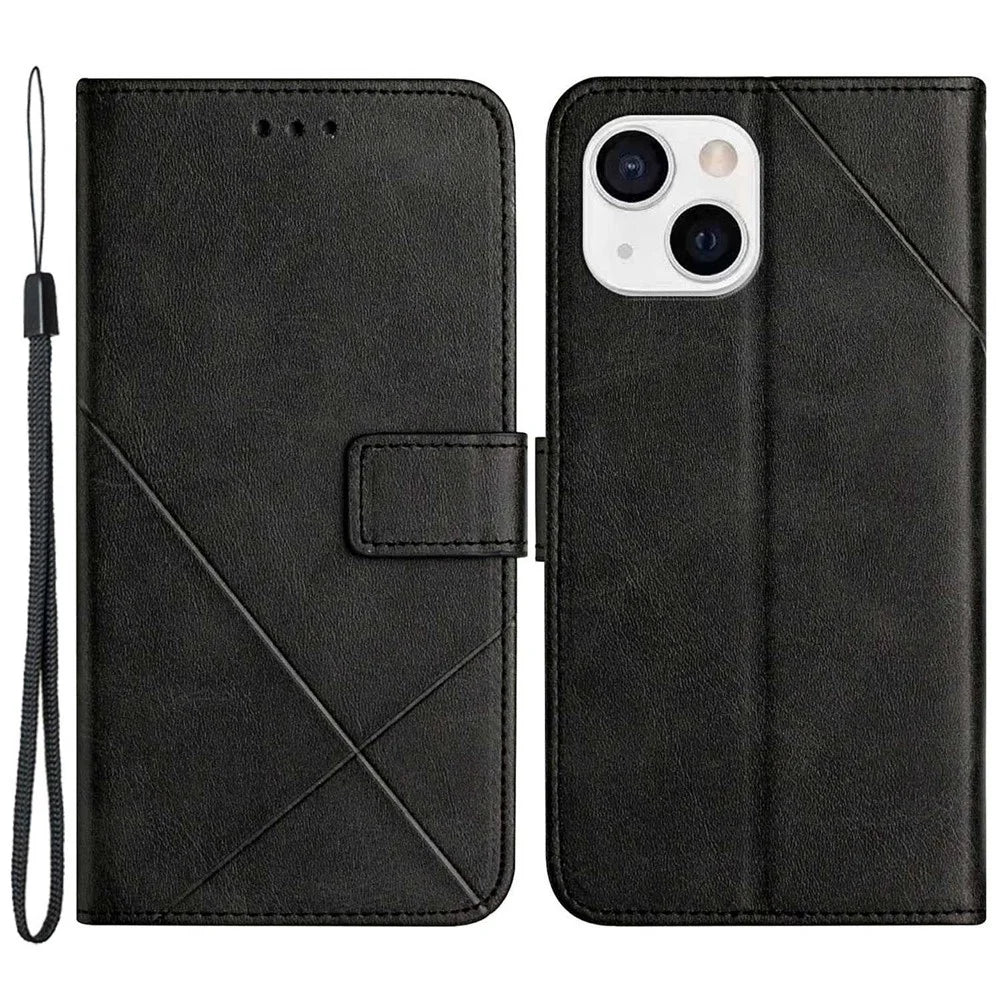 For iPhone 14 6.1 inch Solid Color Stand Wallet Anti-fall Case Line Imprinting PU Leather+TPU Phone Cover - Black - 1
