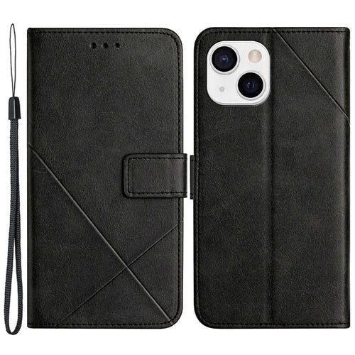 For iPhone 14 6.1 inch Solid Color Stand Wallet Anti-fall Case Line Imprinting PU Leather+TPU Phone Cover - Black - 1