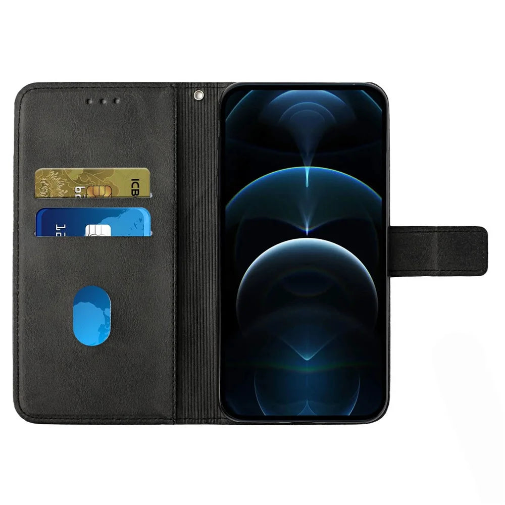 For iPhone 14 6.1 inch Solid Color Stand Wallet Anti-fall Case Line Imprinting PU Leather+TPU Phone Cover - Black - 3