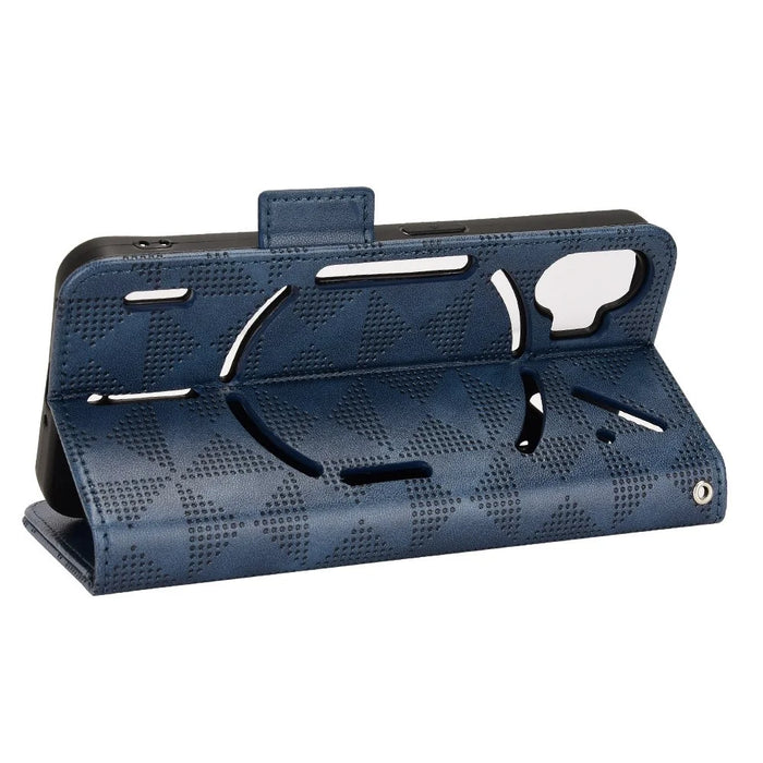For Nothing phone (1) 5G Anti-collision Triangle Pattern Imprinted Case, Wallet Stand Design PU Leather+TPU Phone Cover with Strap - Blue - 3