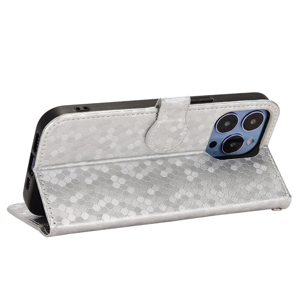For iPhone 13 Pro Max 6.7 inch Well-protected Magnetic Clasp Dot Pattern Imprinted Phone Cover Leather Stand Wallet Book Style Case - Silver - 3