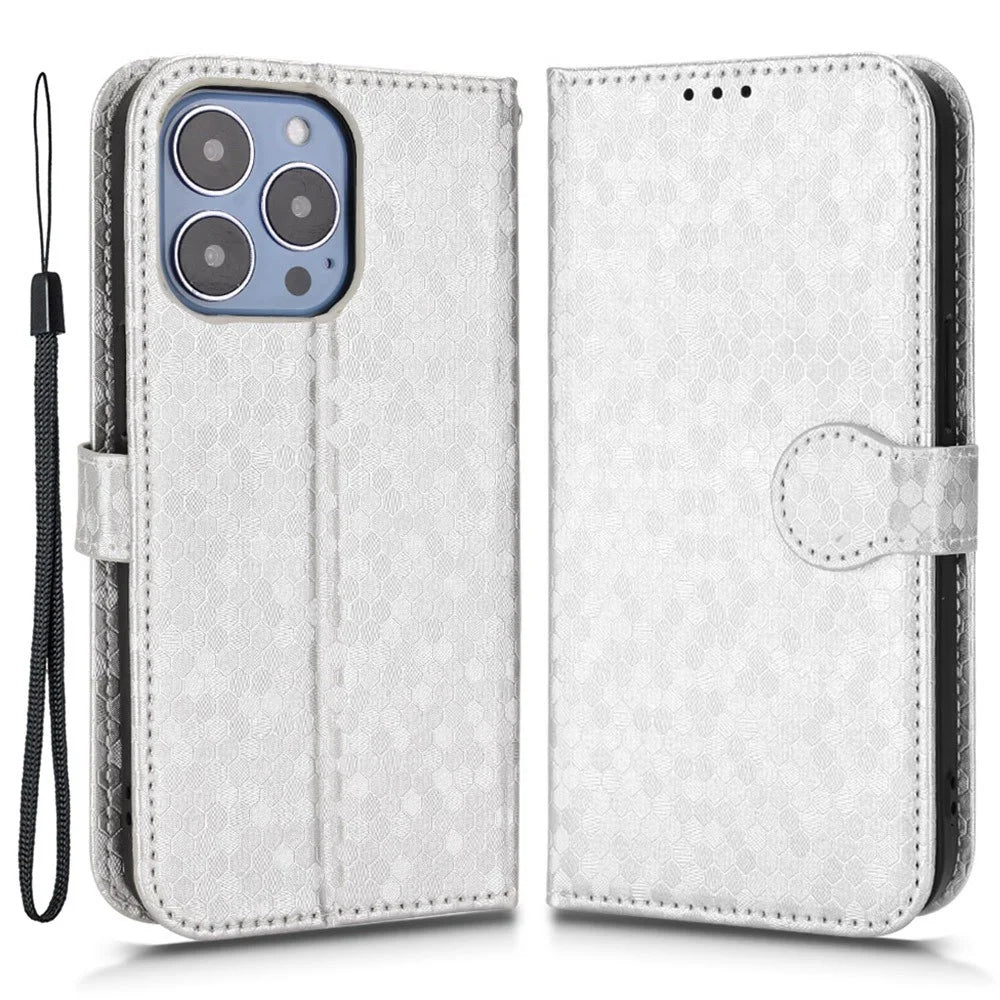 For iPhone 14 Pro Max 6.7 inch Magnetic Clasp Dot Pattern Imprinted Phone Cover Shockproof Leather Stand Wallet Case - Silver - 1