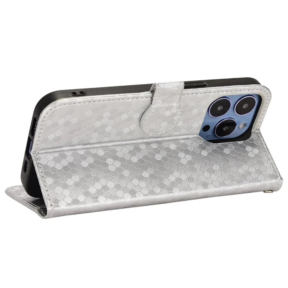 For iPhone 14 Pro 6.1 inch Magnetic Clasp Dot Pattern Imprinted Phone Cover Leather Stand Wallet Book Style Case - Silver - 3