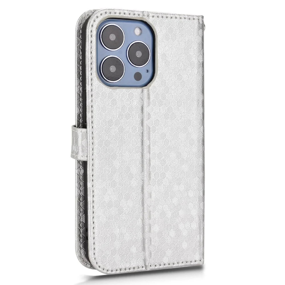 For iPhone 14 Pro 6.1 inch Magnetic Clasp Dot Pattern Imprinted Phone Cover Leather Stand Wallet Book Style Case - Silver - 7