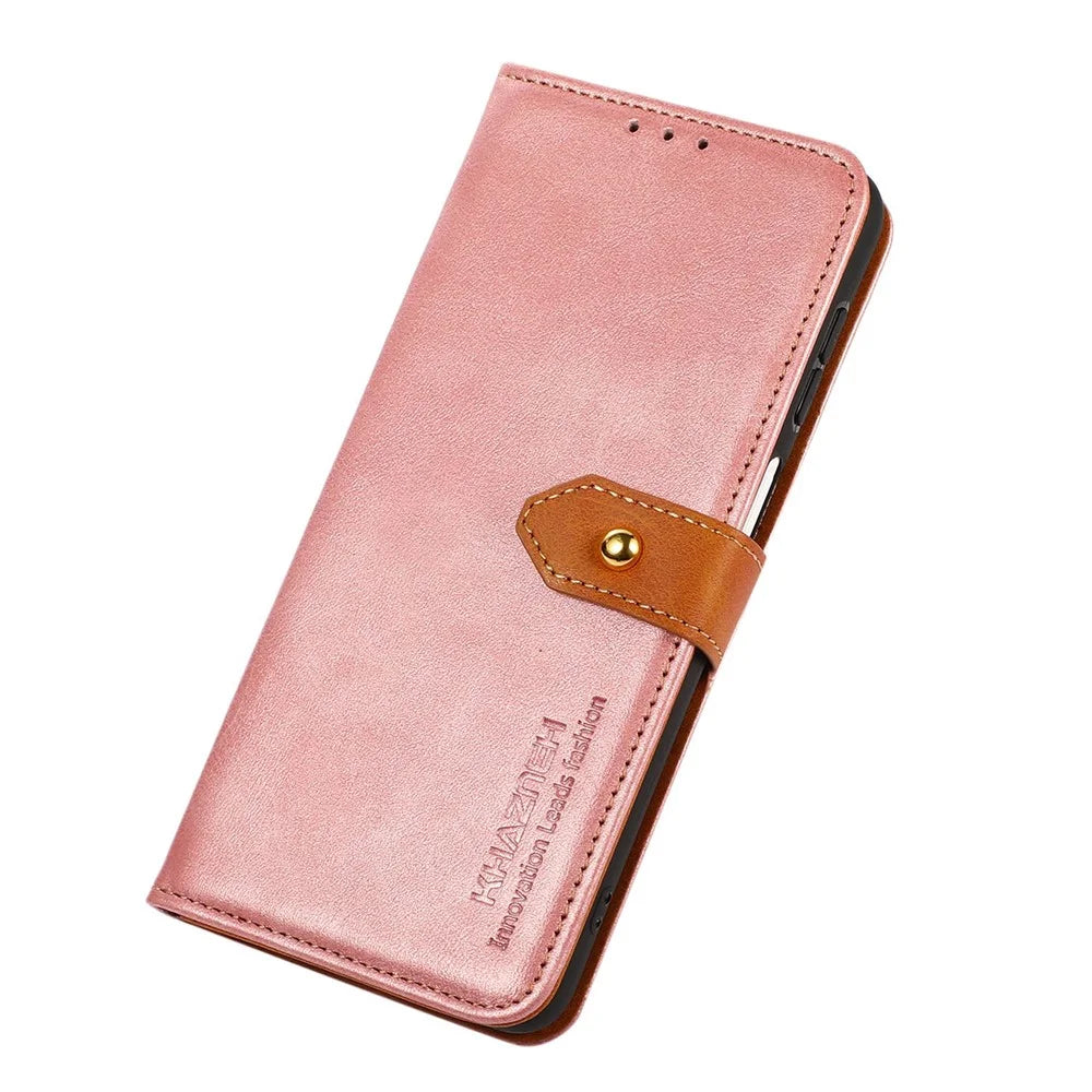 KHAZNEH for OnePlus 10T 5G / Ace Pro 5G Golden Magnetic Buckle Phone Cover, Dual Color Stand Function Wallet PU Leather Case - Rose Gold - 4