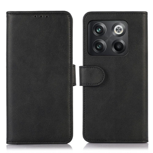 For OnePlus 10T 5G / Ace Pro 5G Anti-collision Magnetic Clasp Cowhide Textured Phone Wallet Case PU Leather Flip Cover Viewing Stand - Black - 1