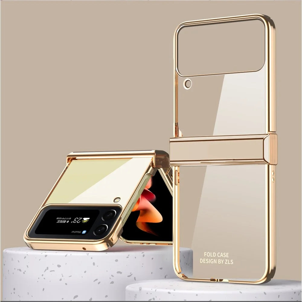 For Samsung Galaxy Z Flip4 5G Electroplating Frame Transparent Hard PC Phone Case Folding Shell with Hinge - Gold - 1