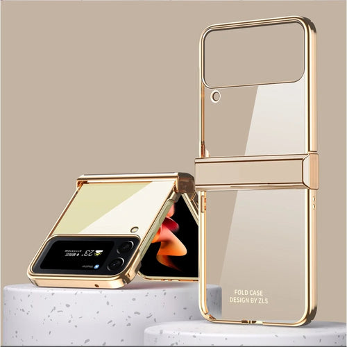 For Samsung Galaxy Z Flip4 5G Electroplating Frame Transparent Hard PC Phone Case Folding Shell with Hinge - Gold - 1