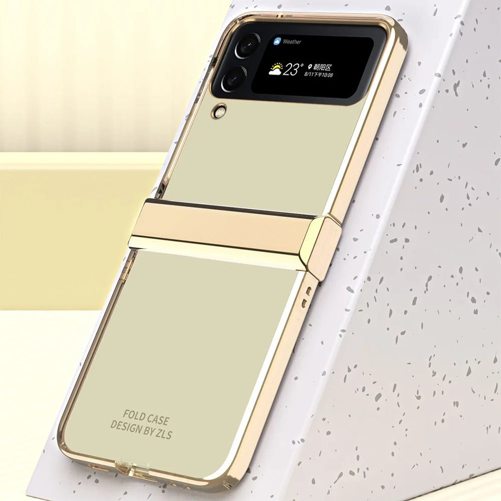 For Samsung Galaxy Z Flip4 5G Electroplating Frame Transparent Hard PC Phone Case Folding Shell with Hinge - Gold - 5