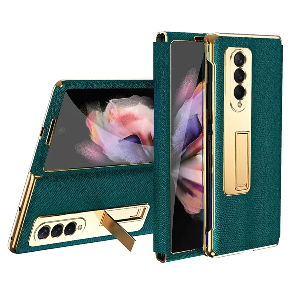 For Samsung Galaxy Z Fold4 5G Anti-scratch Phone Case Kickstand Cross Texture Electroplating Back Cover with Tempered Glass Screen Protector - Green - 1
