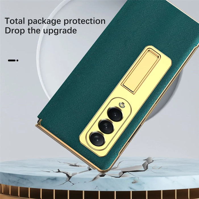 For Samsung Galaxy Z Fold4 5G Anti-scratch Phone Case Kickstand Cross Texture Electroplating Back Cover with Tempered Glass Screen Protector - Green - 5