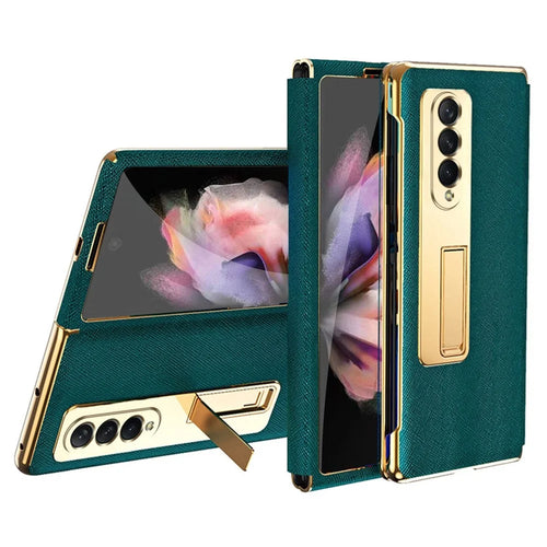 Anti-drop Back Cover For Samsung Galaxy Z Fold3 5G, Electroplating Cross Texture Phone Case Kickstand with Tempered Glass Film - Green - 1
