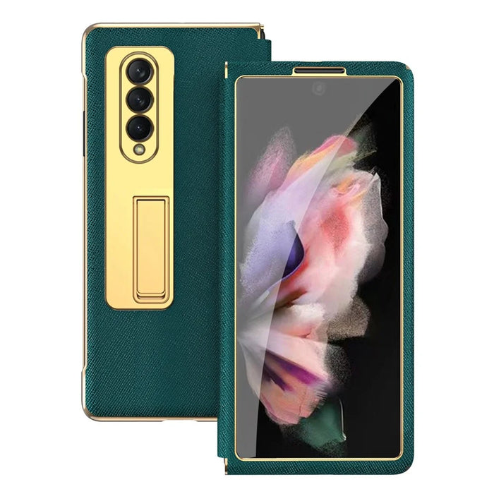 Anti-drop Back Cover For Samsung Galaxy Z Fold3 5G, Electroplating Cross Texture Phone Case Kickstand with Tempered Glass Film - Green - 2