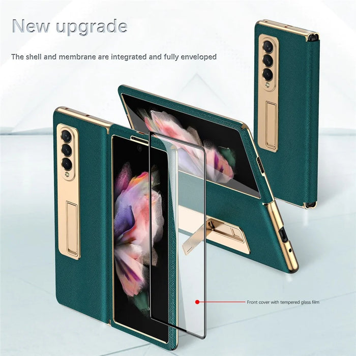 Anti-drop Back Cover For Samsung Galaxy Z Fold3 5G, Electroplating Cross Texture Phone Case Kickstand with Tempered Glass Film - Green - 3