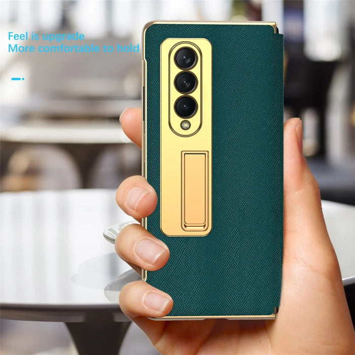 Anti-drop Back Cover For Samsung Galaxy Z Fold3 5G, Electroplating Cross Texture Phone Case Kickstand with Tempered Glass Film - Green - 6