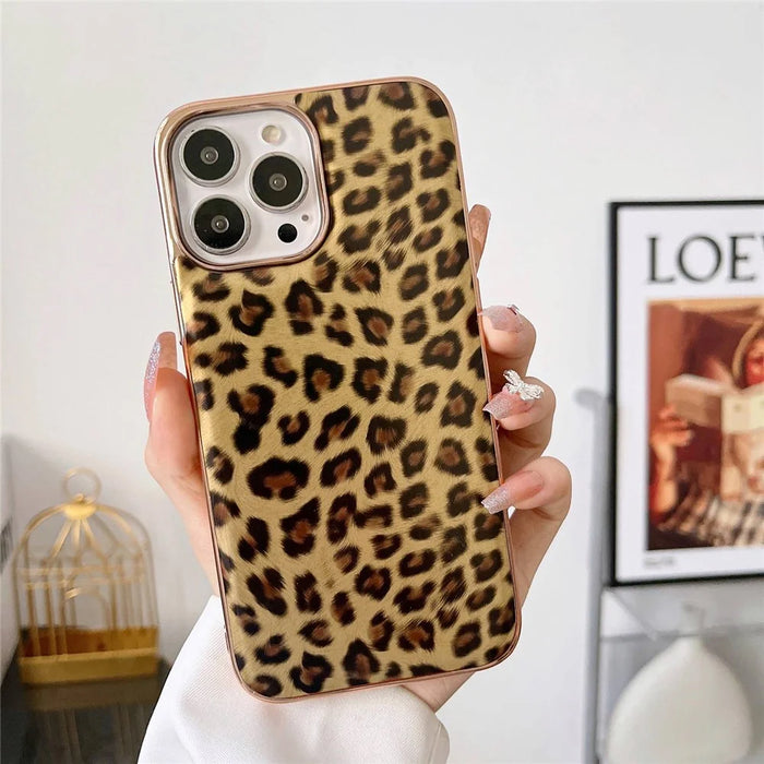 For iPhone 14 Plus Electroplating Leopard Pattern Anti-drop Phone Case PU Leather Coated TPU Cover - Gold - 2