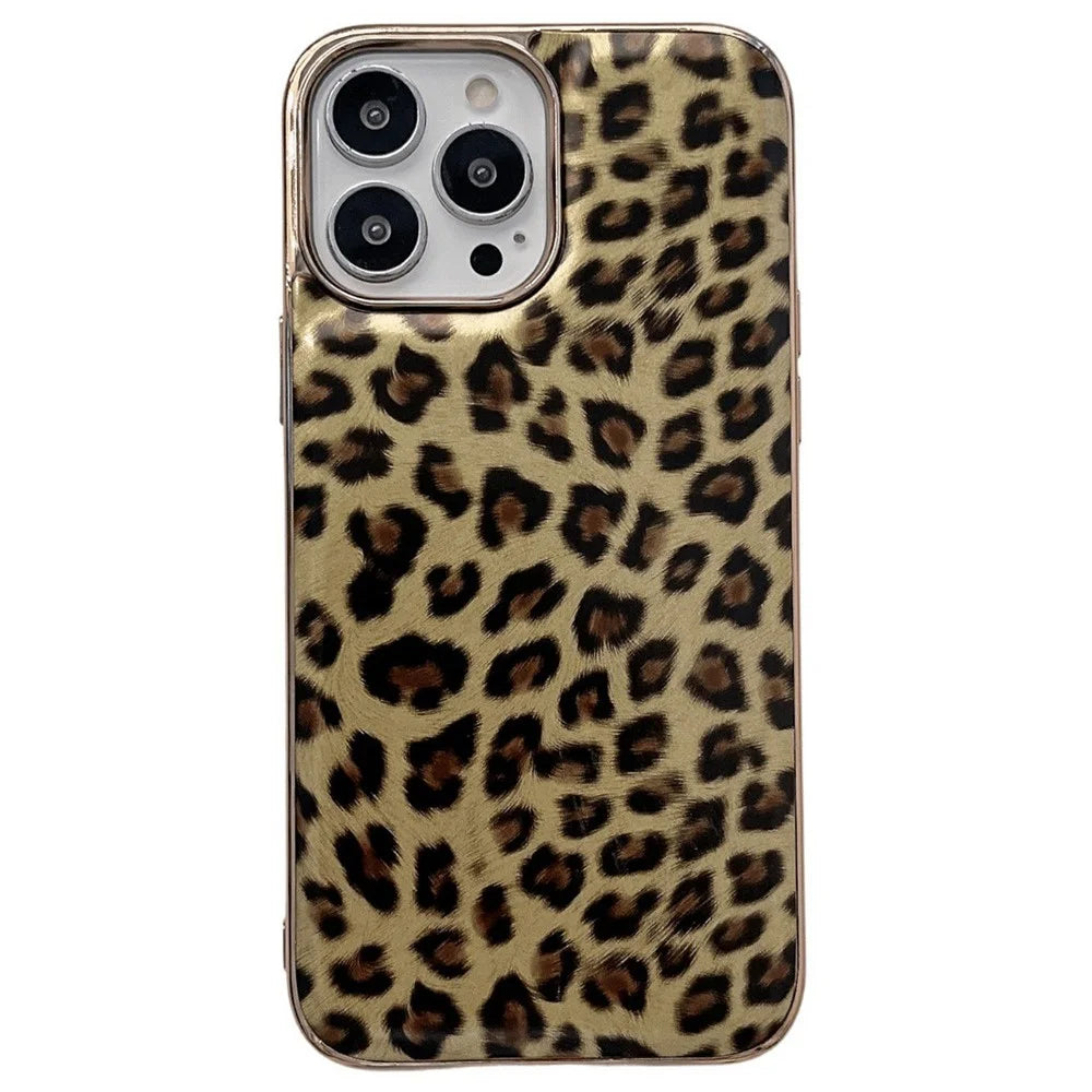 For iPhone 14 Pro 6.1 inch Leather Coated TPU Case Electroplating Leopard Pattern Anti-drop Protection Phone Cover - Gold - 1