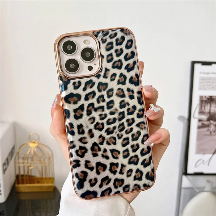 For iPhone 14 6.1 inch Electroplating Anti-scratch Phone Cover Leopard Pattern Leather Coated TPU Case - Silver - 2